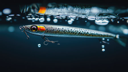 Stunning close-up of a fishing lure underwater, revealing intricate details and vibrant colors. The scene captures bubbles and reflections, showcasing aquatic beauty.の素材