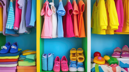 A neat closet space filled with colorful children clothes and toys. The shelves display an organized collection of vibrant garments, shoes, and playful items.の素材