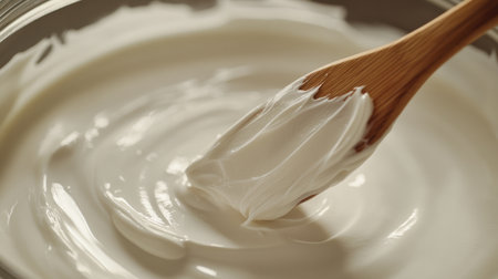 A close-up view of a creamy white mixture in a bowl, stirred with a wooden spoon. The smooth texture suggests a delicious and versatile ingredient for various recipes.の素材