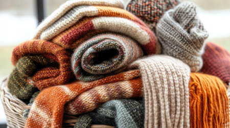 A collection of cozy knit blankets and scarves in various textures and colors, beautifully arranged in a woven basket, perfect for enhancing any indoor setting.の素材