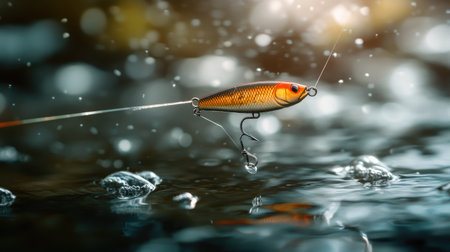 A vibrant fishing lure hovers above calm water, surrounded by gentle ripples and glistening droplets. Perfect for fishing enthusiasts and nature lovers.の素材