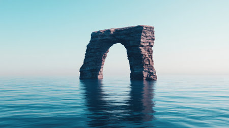A breathtaking view of a natural rock arch emerging from tranquil waters. The serene scene captures the essence of coastal beauty, perfect for nature lovers.の素材