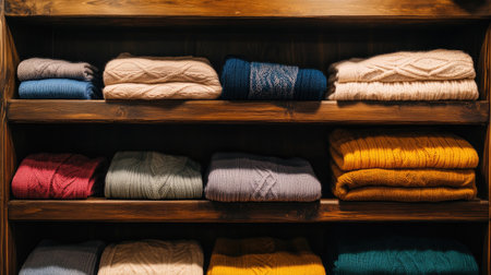 This stock photo features a beautifully arranged collection of folded knit sweaters in various colors on a wooden shelf, showcasing cozy fashion and textiles perfect for winter.の素材