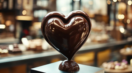 A stunning glossy chocolate heart sculpture elegantly displayed in an artisan chocolate shop, capturing themes of love and creativity in a delicious setting.の素材