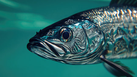 A stunning close-up of a vibrant fish swimming gracefully in clear ocean water, showcasing intricate details and a mesmerizing reflection. Perfect for nature lovers.の素材