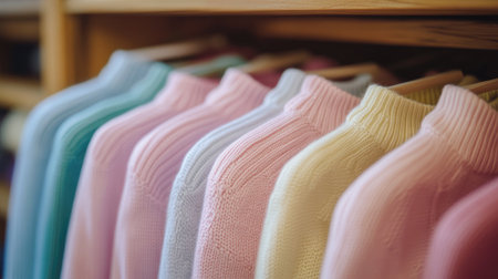 A collection of colorful sweaters hangs neatly on a wooden rack in a clothing store. This image highlights the soft textures and pastel colors, perfect for showcasing fashion choices.の素材