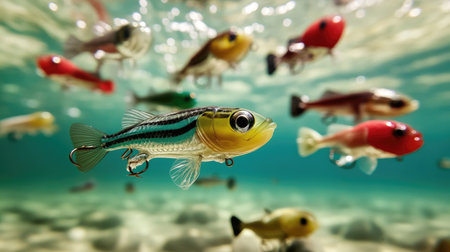 Colorful fishing lures swim gracefully underwater, showcasing intricate designs in clear turquoise water. A vibrant scene highlighting the beauty of aquatic life.の素材