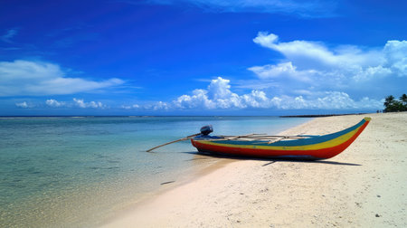 A vibrant, colorful boat rests on a tranquil tropical beach under a clear blue sky, surrounded by soft sand and sparkling water, perfect for relaxation.の素材