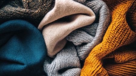 A close-up view of various textured fabrics in warm colors, showcasing soft knit materials, perfect for evoking coziness and style in interior design.の素材