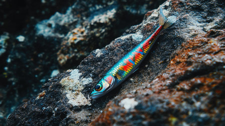 A vibrant and colorful fish rests on a rocky ocean floor, showcasing the beauty of marine life. The intricate scale patterns reflect the underwater environment.の素材