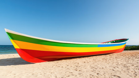 A vibrant fishing boat rests on a sandy beach, showcasing bright colors against a clear blue sky. Ideal for travel and coastal themes.の素材