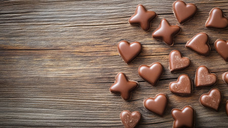 A charming arrangement of chocolate hearts and stars on a rustic wooden background, perfect for celebrating love, joy, and togetherness with treats.の素材