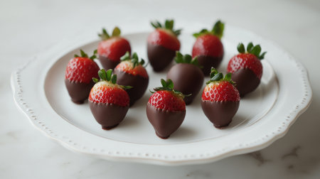 A beautiful display of chocolate dipped strawberries on a white plate, perfect for desserts or gifts. Enjoy the blend of sweet and rich flavors!の素材