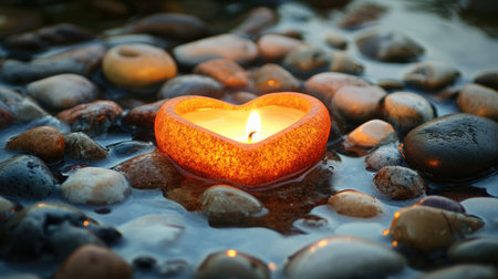 A serene heart-shaped candle illuminates a tranquil setting, floating delicately on smooth pebbles in calm water. Perfect for relaxation and ambiance.の素材