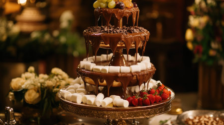 A stunning three-tier chocolate cake adorned with fresh fruits and marshmallows, perfect for celebrations. This elegant dessert showcases rich layers and delightful decoration, ideal for events.の素材