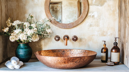 Discover a stunning copper bowl sink set in a rustic bathroom, surrounded by floral arrangements and elegant decor. This serene space exudes warmth and style.の素材