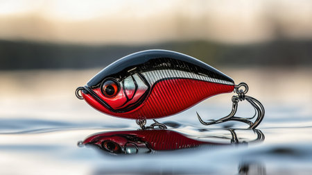 A close-up view of a vibrant fishing lure resting on a calm water surface. The shiny red and black colors reflect beautifully, capturing the essence of sport fishing.の素材
