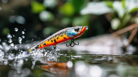 A vibrant fishing lure leaps from the water, creating splashes, capturing the essence of outdoor angling adventures and summer sport fishing activities.の素材