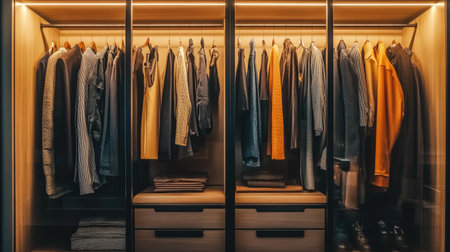 This image features a beautifully organized wardrobe filled with a variety of clothing, combining casual and formal pieces, illuminated by soft lighting.の素材