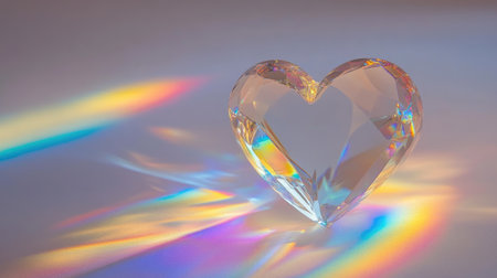 A stunning crystal heart captures light beautifully, creating a mesmerizing display of colorful reflections on a smooth surface, perfect for artistic and romantic themes.の素材