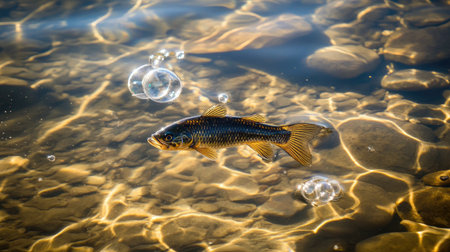 A vibrant fish swims gracefully underwater, surrounded by bubbles and dappling sunlight. This tranquil scene captures the essence of aquatic life in a serene environment.の素材