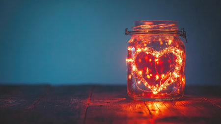 A glass jar filled with glowing fairy lights shaped like a heart creates a romantic and cozy atmosphere. Perfect for home decor, celebrations, or gifts.の素材