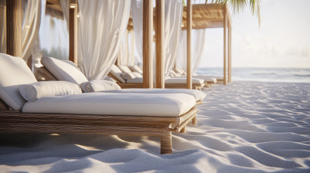 A tranquil scene featuring comfortable beach loungers under elegant canopies, inviting relaxation at a serene tropical shoreline. Ideal for vacation inspiration.の素材