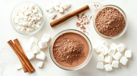 A beautifully arranged display of ingredients for making hot chocolate, featuring cocoa powder, cinnamon sticks, and fluffy marshmallows. Perfect for winter recipes.の素材