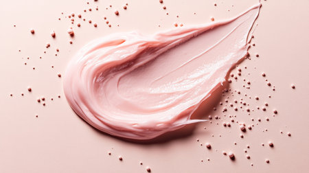 A creamy pink texture spreads gently on a soft surface while tiny droplets scatter around, evoking a sense of luxury and pampering suitable for skincare products.の素材
