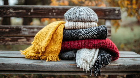 A beautiful arrangement of colorful knitted scarves and hats sits on a rustic wooden bench. The warm tones and soft textures evoke a cozy winter vibe, perfect for seasonal themes.の素材