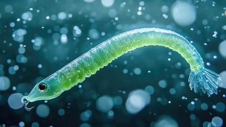 An iridescent green catfish larvae swims gracefully through bubbles in clear water, showcasing its delicate features and vibrant color in this captivating underwater scene.の素材