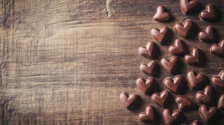 A delightful arrangement of heart-shaped chocolates on a rustic wooden surface. Perfect for conveying love and joy during special occasions or celebrations.の素材