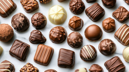 A stunning collection of assorted gourmet chocolates featuring various shapes and textures, perfect for dessert lovers and special occasions.の素材