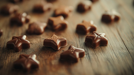 Close-up view of star-shaped chocolate candies scattered on a rustic wooden surface. Perfect for festive occasions and gourmet treats.の素材