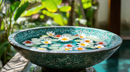 A tranquil garden scene featuring a decorative bowl filled with floating water lilies, surrounded by lush greenery, creating a serene and peaceful atmosphere.の素材