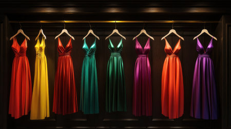 A stunning array of vibrant evening dresses showcased elegantly on hangers within a boutique setting, highlighting diverse styles and rich fabric textures.の素材