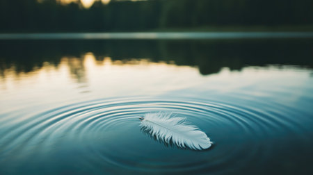 A delicate white feather gently floats on the surface of calm water, creating subtle circular ripples that evoke a sense of tranquility and peace in nature.の素材