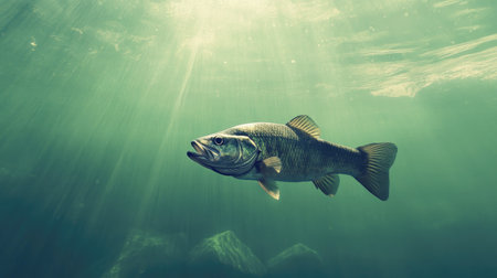 A striking underwater scene featuring a freshwater fish swimming gracefully. Sunlight filters through the water, illuminating the natural habitat and showcasing the beauty of aquatic life.の素材