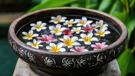A serene water bowl filled with vibrant plumeria flowers, showcasing the beauty of nature. This captivating scene enhances relaxation and tranquility.の素材