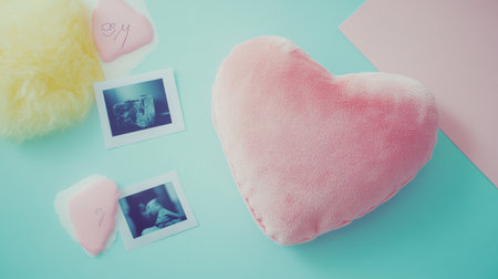 A soft pink heart-shaped pillow on a pastel backdrop, accompanied by charming polaroid photos. This cozy arrangement evokes feelings of love and warmth.の素材