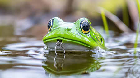 A vibrant green frog toy rests on the water's surface, reflecting its playful design in a natural setting. Captures the essence of creativity and tranquility.の素材