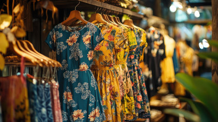 A captivating display of vibrant floral dresses in a charming boutique. The colorful garments hang on wooden hangers, showcasing a stylish collection perfect for summer outings.の素材