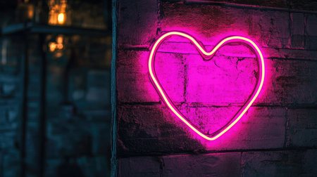 A vibrant pink neon heart light illuminates a textured dark wall, creating a romantic and modern atmosphere ideal for nightlife and urban settings.の素材
