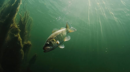 A serene underwater scene showcasing a freshwater fish swimming gracefully through green water, illuminated by gentle sun rays, surrounded by aquatic plants.の素材