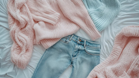 A beautiful flatlay of cozy knitted sweaters in pastel colors and light jeans arranged on soft white bedding, creating a warm and inviting fashion aesthetic.の素材