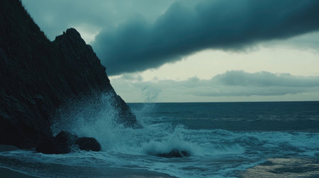This captivating seascape features crashing waves against a dramatic cliff under a moody sky, evoking a sense of adventure and tranquility in nature.の素材