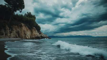 A captivating view of a stormy seascape featuring crashing waves along a rugged shoreline, under a dramatic, cloudy sky. Ideal for travel and nature themes.の素材