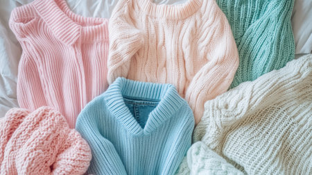 A beautiful arrangement of soft pastel knit sweaters ideal for autumn and winter fashion. Perfect for stylish layering and cozy comfort.の素材