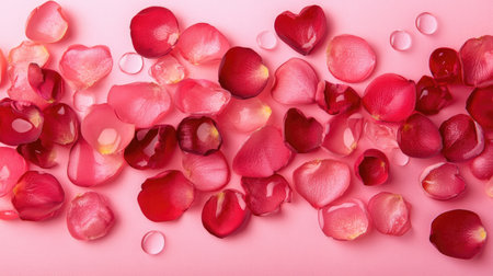 A beautiful arrangement of delicate rose petals in shades of pink and red laid on a soft pink surface. Perfect for romantic celebrations or decorations.の素材