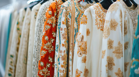 A colorful array of traditional ethnic garments showcasing intricate designs and fine craftsmanship, displayed elegantly in a boutique setting to attract fashion enthusiasts.の素材
